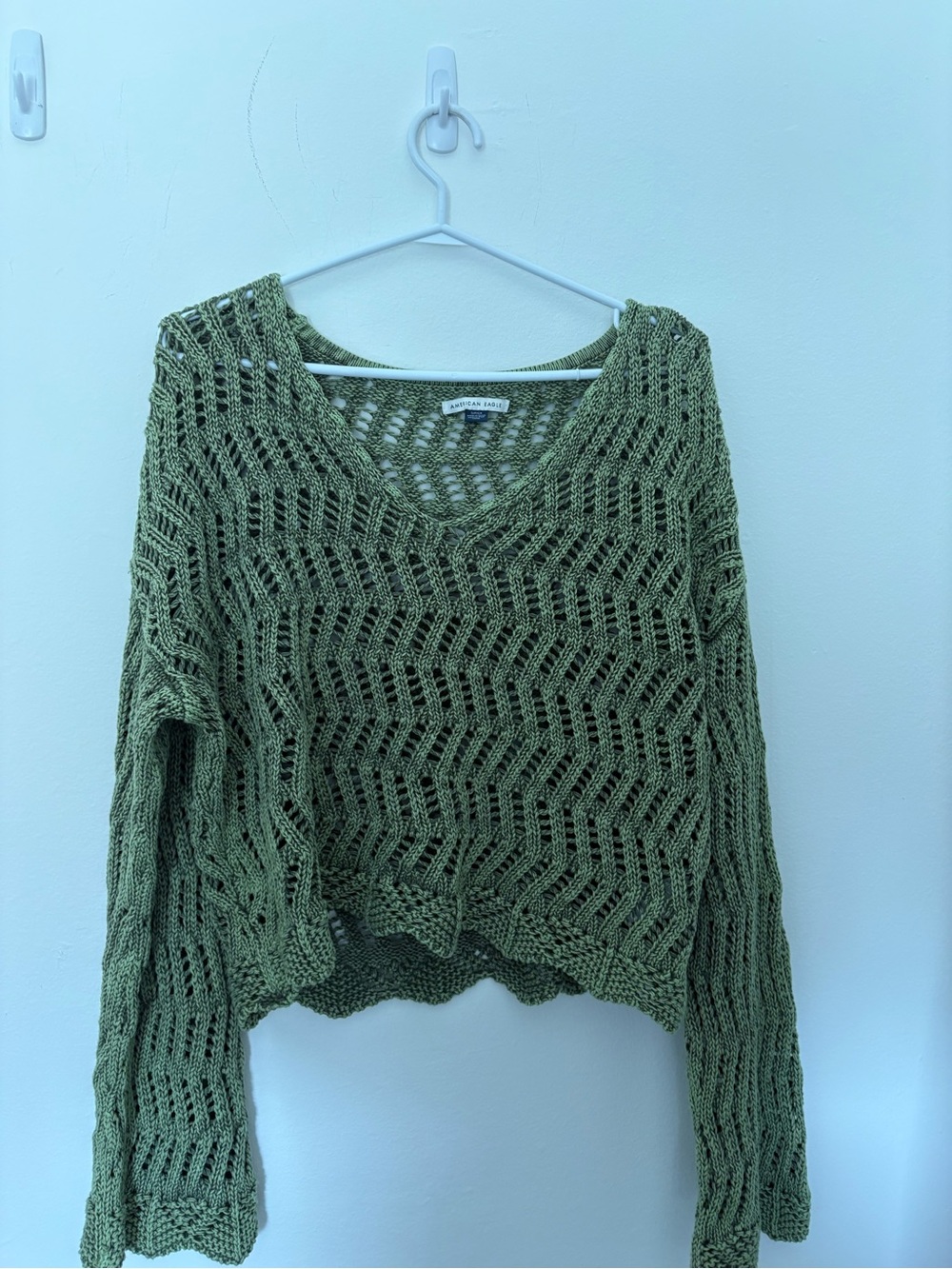 American Eagle Outfitters Olive Green Open-Knit V-Neck Cropped Sweater
